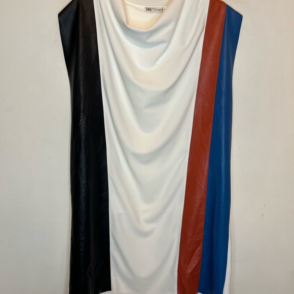 ZARA Color Block Knee-length Cowl Neck Dress White Ecru Black Blue Sleev… - Picture 13 of 16